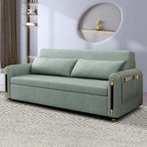 Green convertible sofa bed with comfortable cushion seat and built-in storage pocket